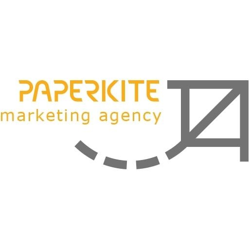 Logo of Paperkite marketing agency with stylized text and geometric design.