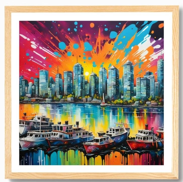 A vibrant art print showcasing the stunning skyline of Vancouver, capturing the city's iconic buildings and coastal beauty.