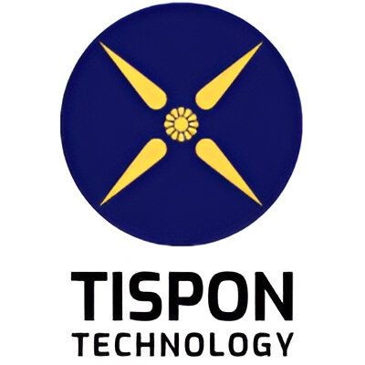 Logo of Tispon Technology featuring a blue circle with yellow geometric shapes and text below.