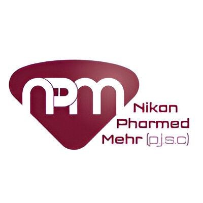 Logo of Nikan Pharmed Mehr with stylized NPM letters in maroon.